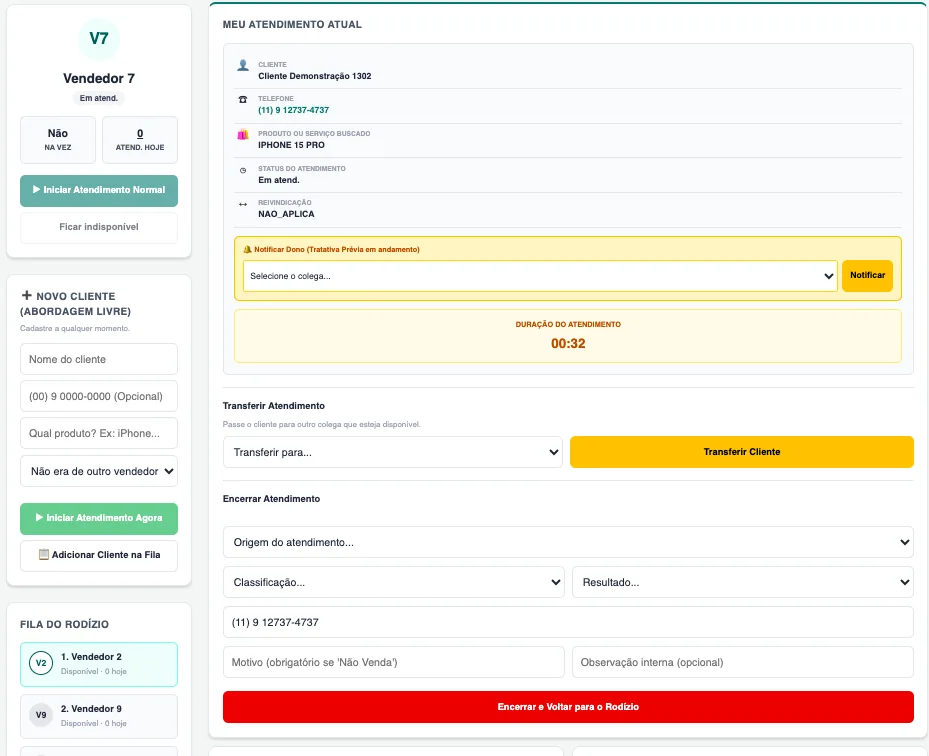 Atendimento em andamento com cronômetro