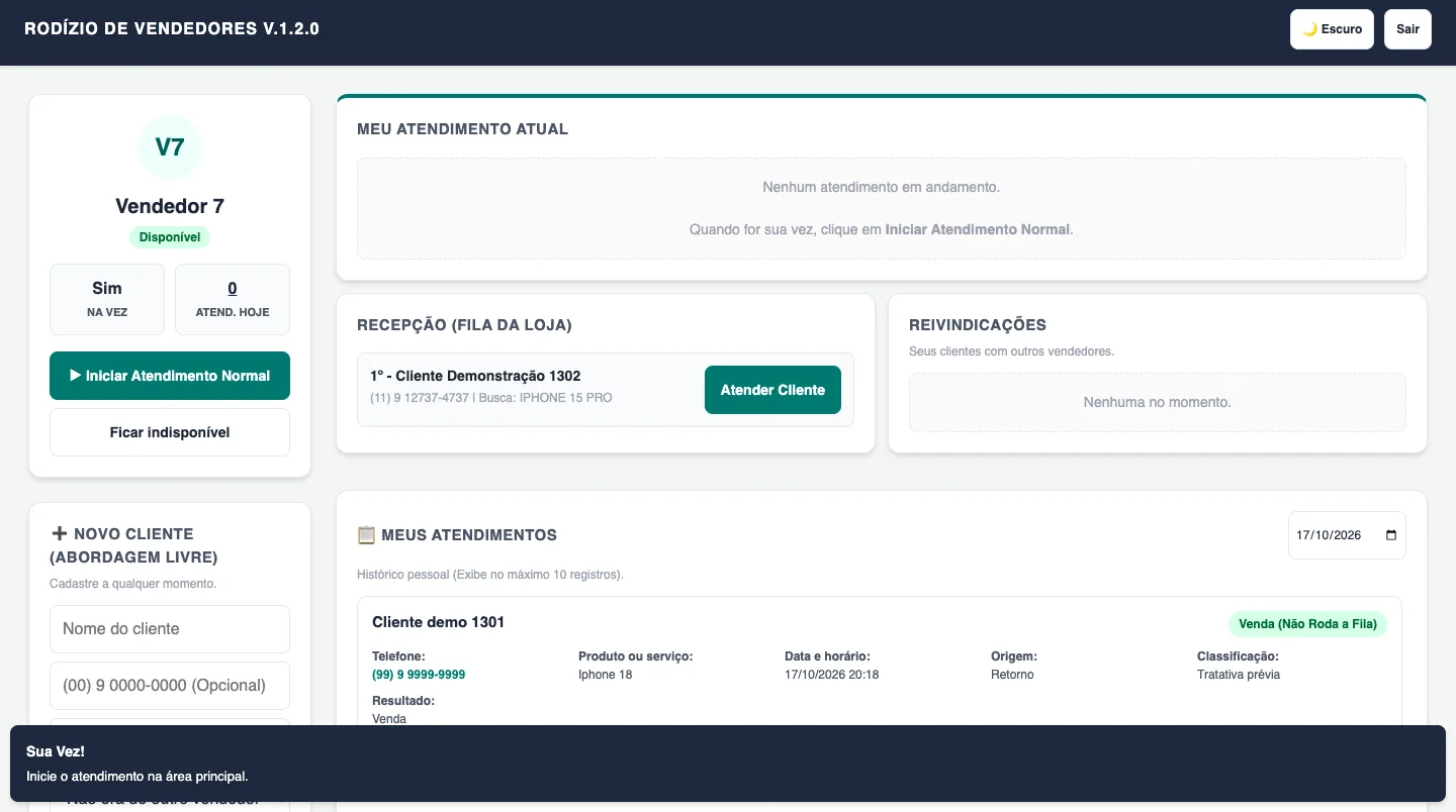 Vendedor disponível e na vez, com notificação