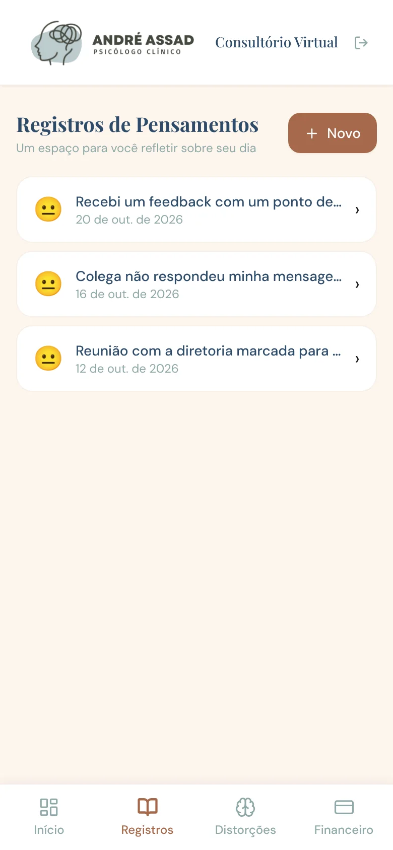 Registros de pensamentos no app do paciente